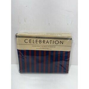 Mervyn's Celebration 180 TC Percale No Iron Twin Flat Sheet Navy Red Stripe New
